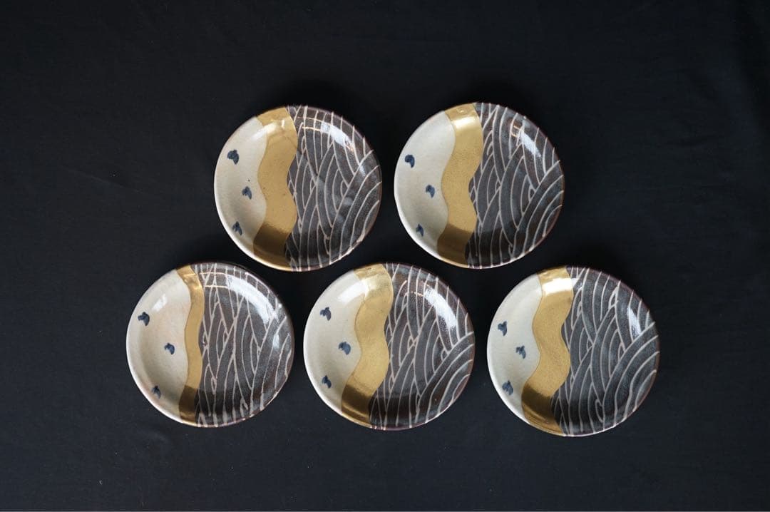 安藤日出武 金彩 波千鳥文 中皿 5客 共箱