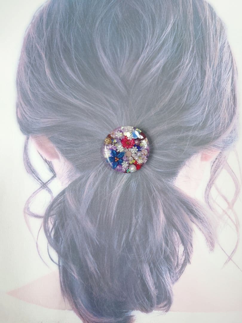 レジン　猫　ドライフラワー　ヘアゴム　ブローチ　ポニーフック　No.378