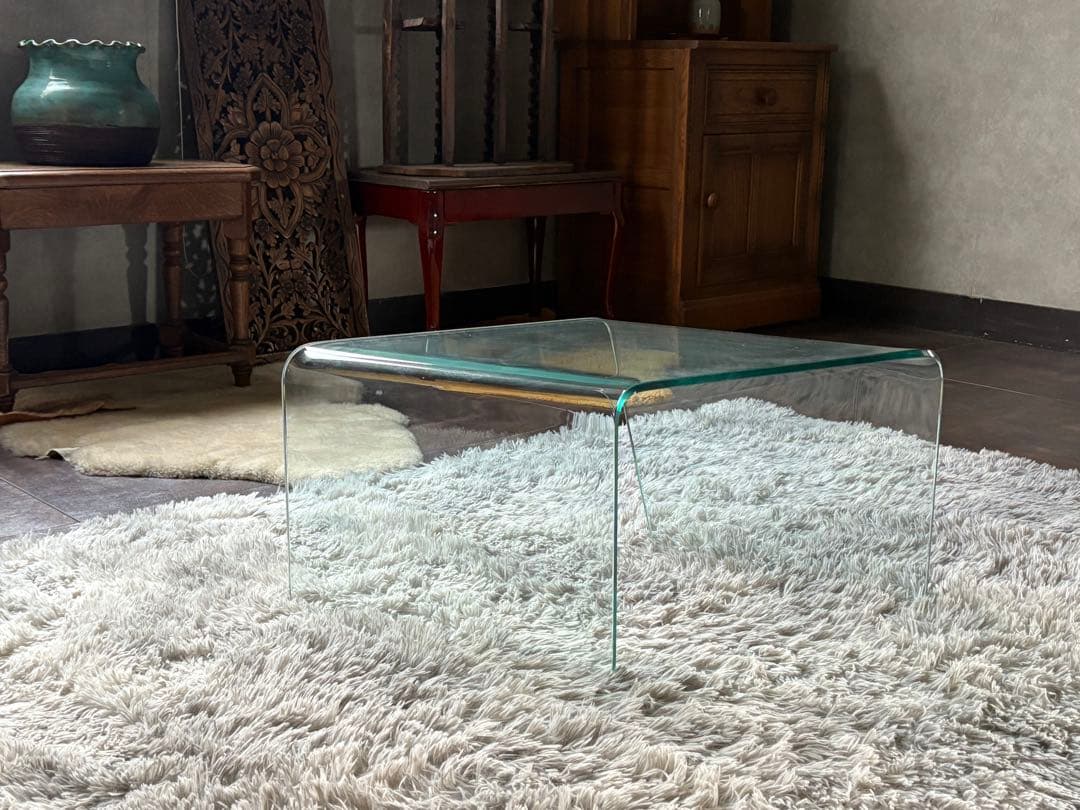 ②ガラステーブル　サイドテーブル　ローテーブル　斜めテーブル　高級家具　IZG