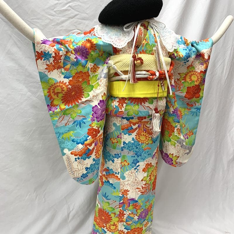 506ag41□七五三 七歳 女児 着物&袋帯 金彩 花文 水色□良好