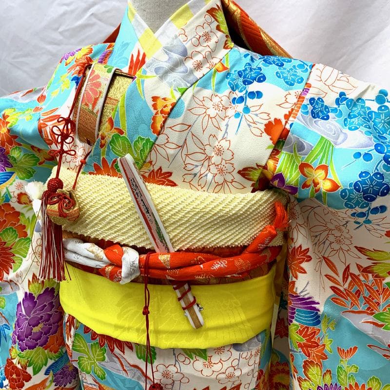 506ag41□七五三 七歳 女児 着物&袋帯 金彩 花文 水色□良好