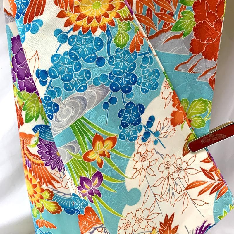 506ag41□七五三 七歳 女児 着物&袋帯 金彩 花文 水色□良好