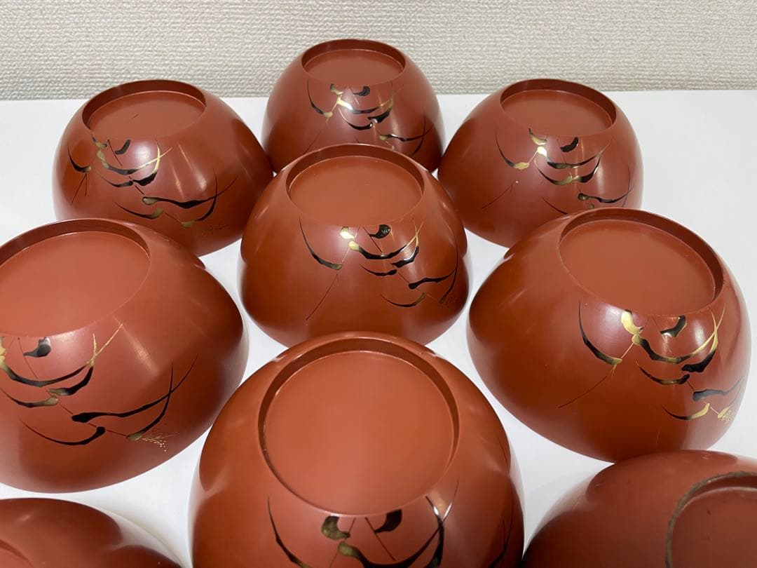 漆器 懐石道具 芦泉謹製 木製溜塗 雑煮椀 吸物椀 10客揃 内朱 鶴 鳥柄