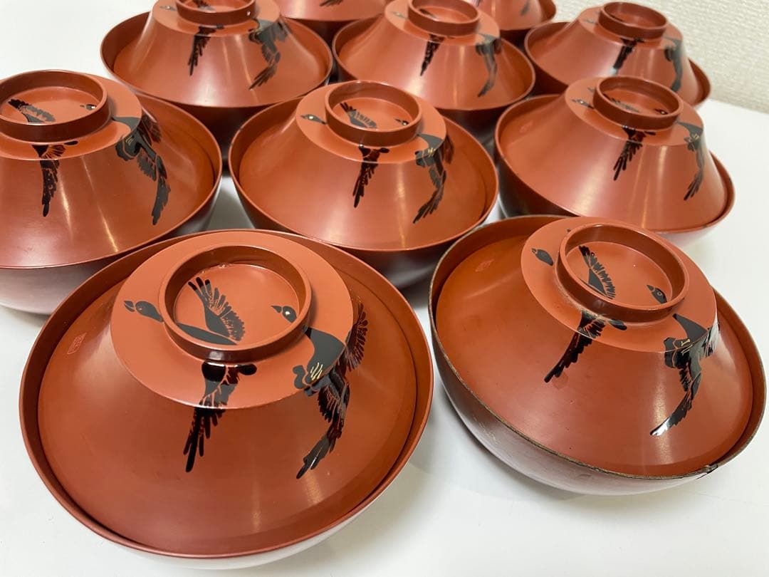 漆器 懐石道具 芦泉謹製 木製溜塗 雑煮椀 吸物椀 10客揃 内朱 鶴 鳥柄