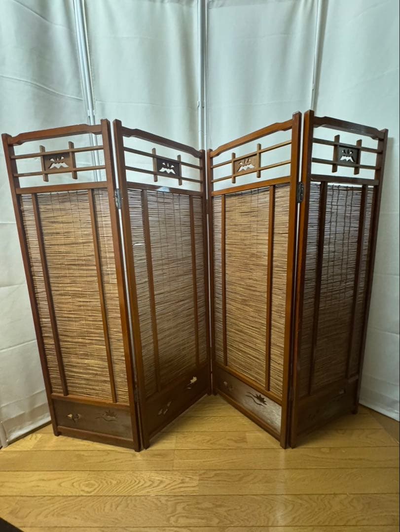 衝立 間仕切り パーテーション 4連 透かし彫り 昭和レトロ アンティーク