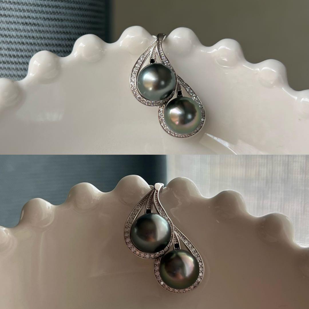 2粒タヒチ黒蝶真珠ペンダントトップ　パールネックレストップ　8.3mm シルバー