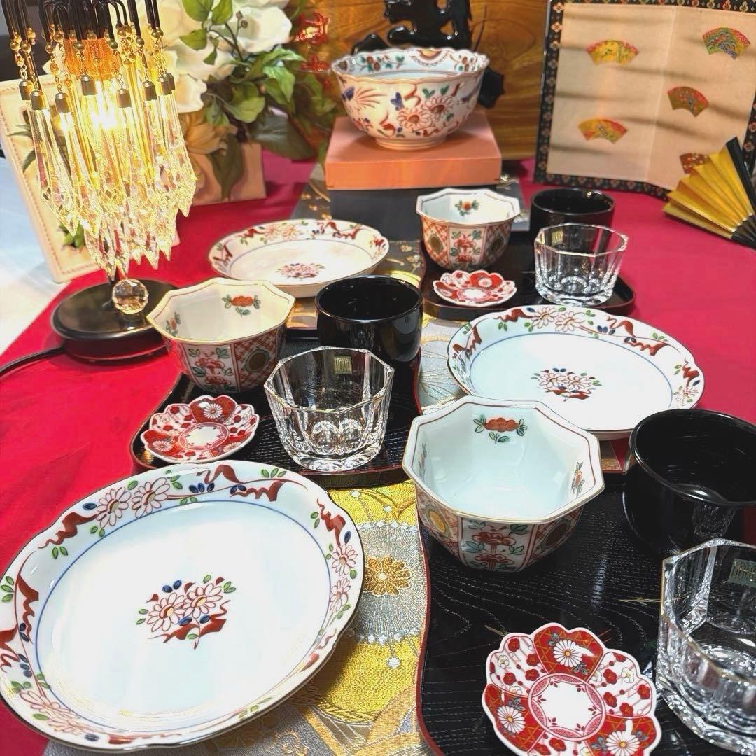 たち吉赤絵金彩八角鉢　中皿シール付きクリスタル小鉢　金彩豪華大鉢　No.4-33