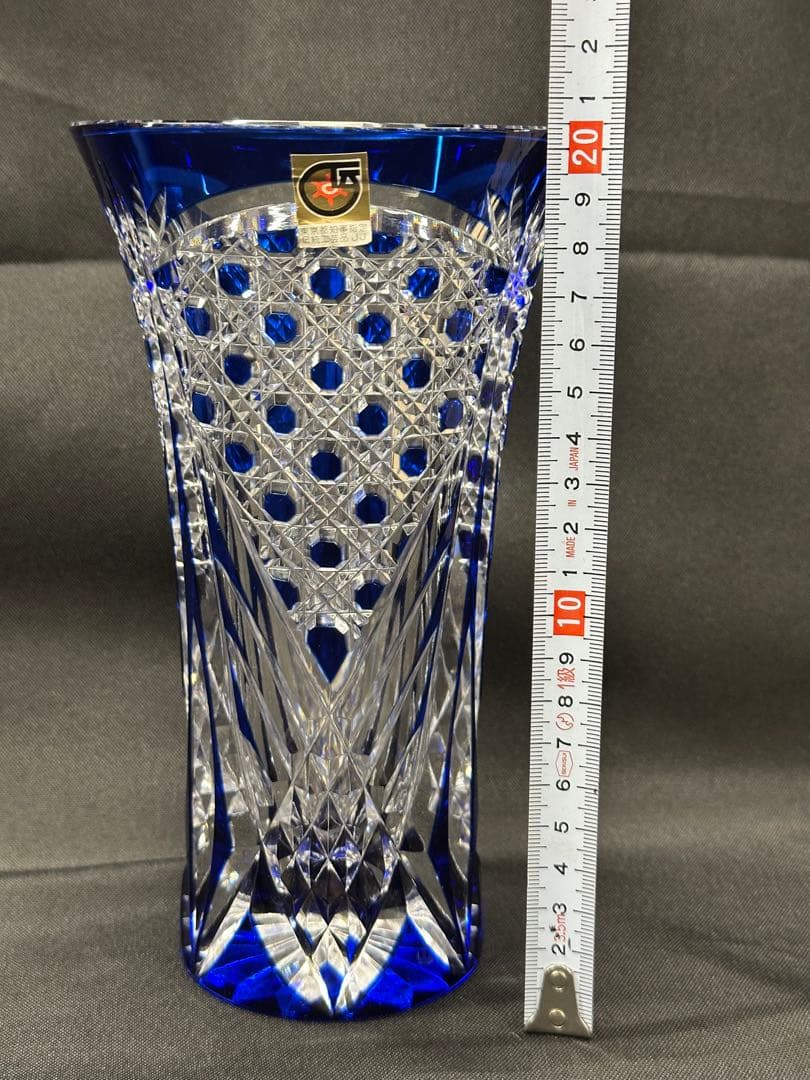【使用美品】江戸切子　切子　花器　花瓶　壺　泰典　青　ブルー　20.5cm