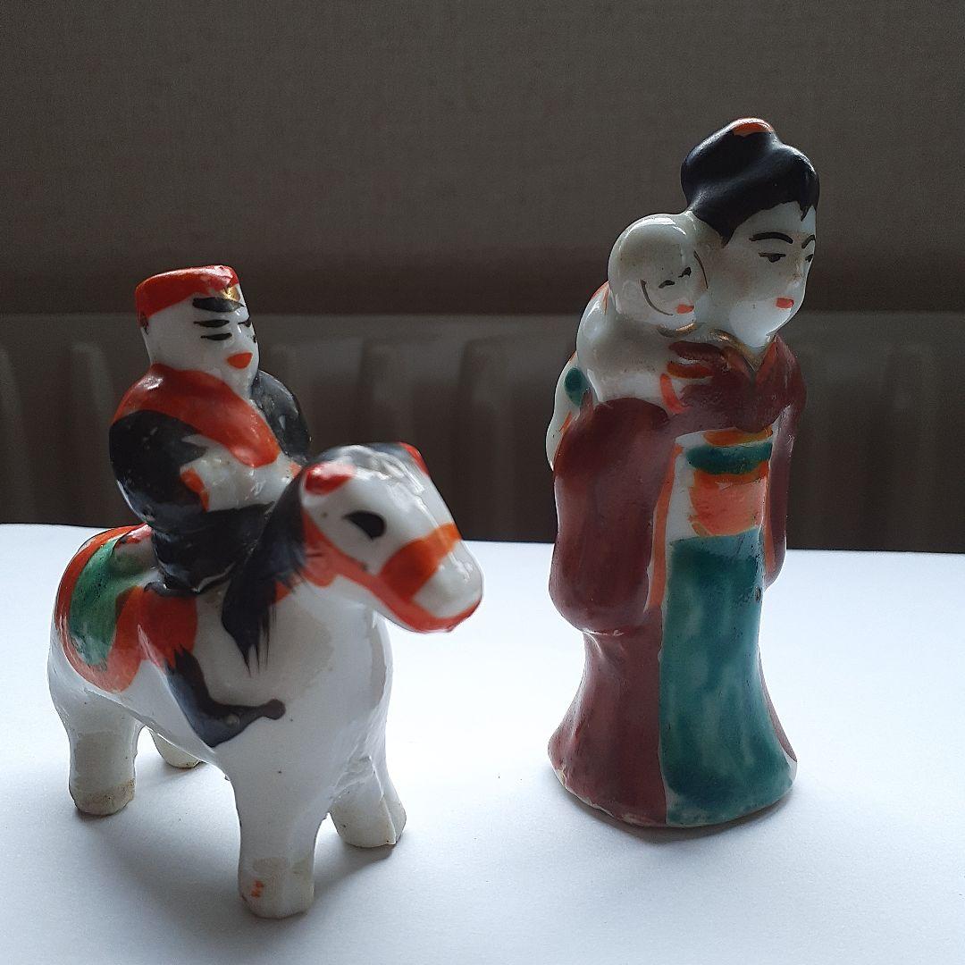磁器豆人形 磁器人形 大正レトロ 馬に乗る軍人 子を背負う婦人