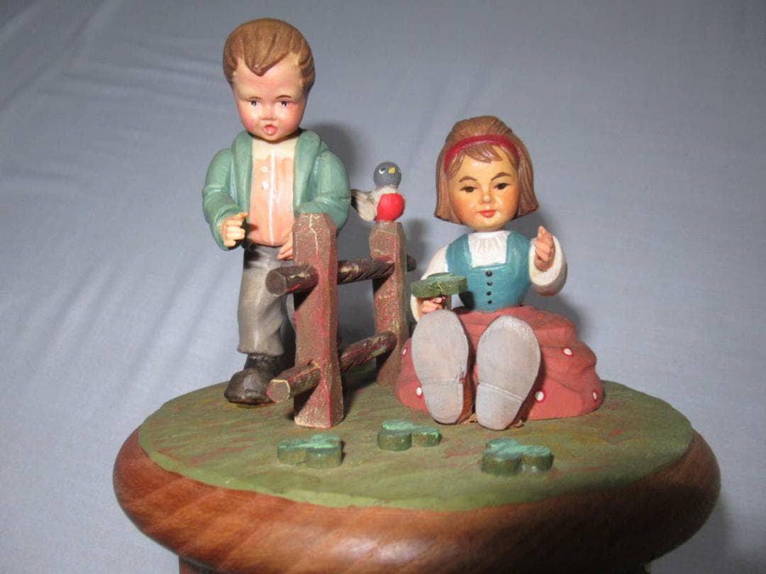 美品希少 1960年代 スイス製◆トーレンス社 木製オルゴール 牧場の少年と少女