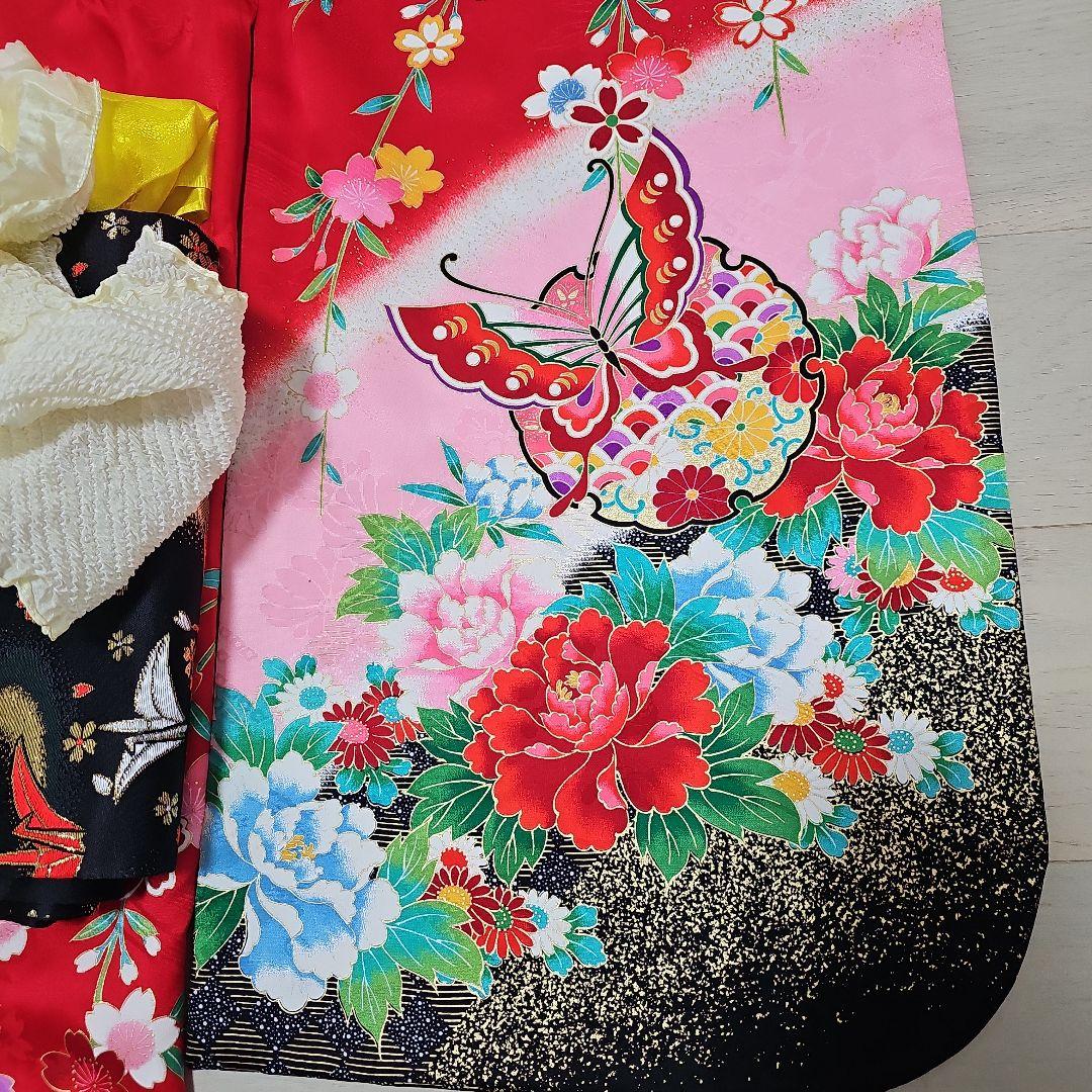 お買い得品。七五三 7歳着物セット 赤 ピンク 黒【華やか美品】