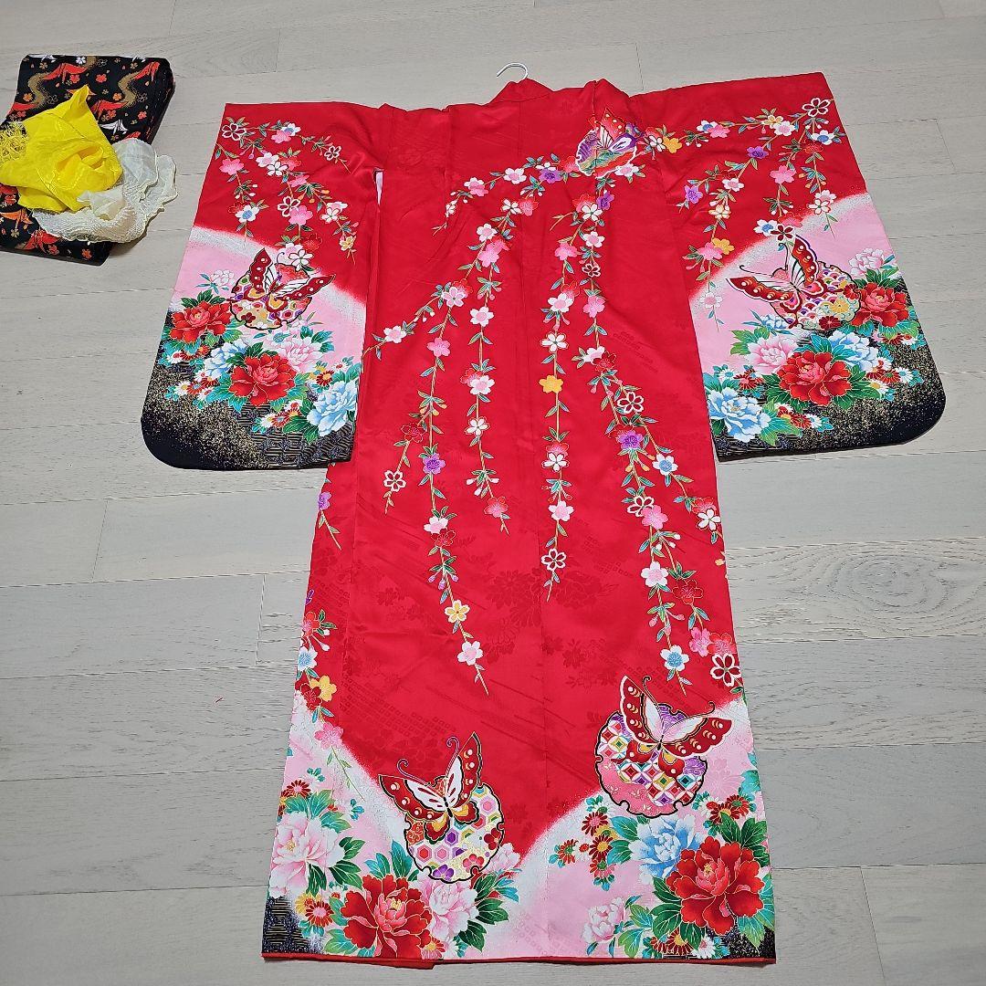 お買い得品。七五三 7歳着物セット 赤 ピンク 黒【華やか美品】