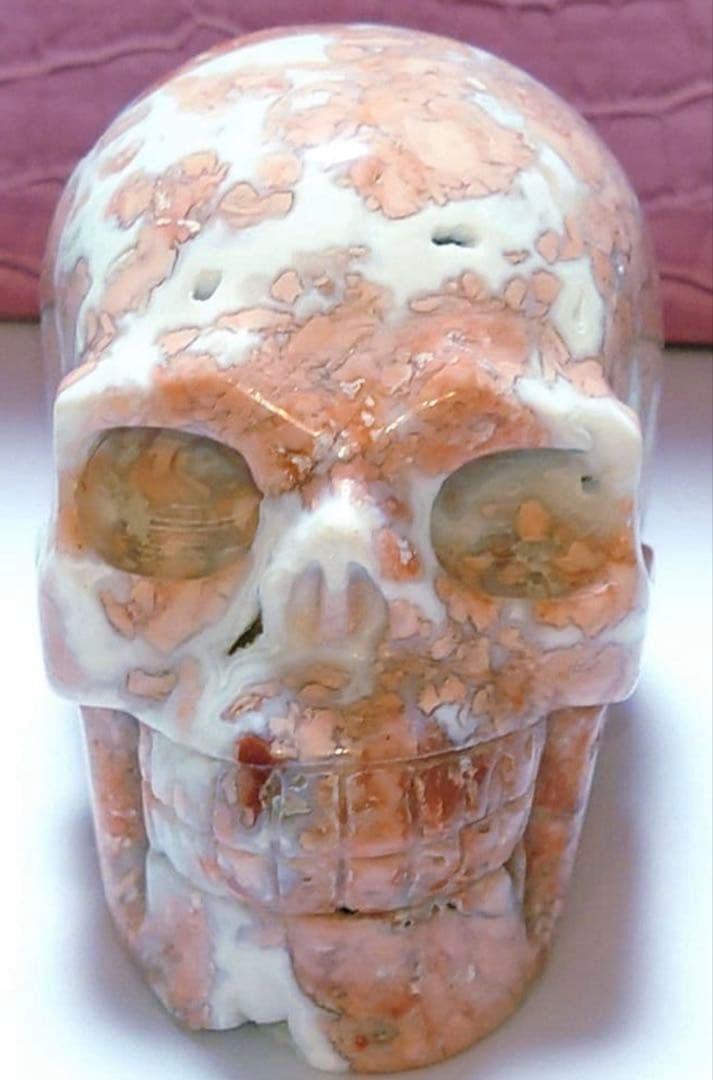 1点もの　天然石　ジオード桜瑪瑙　スカル　置き物　ピンクアゲート