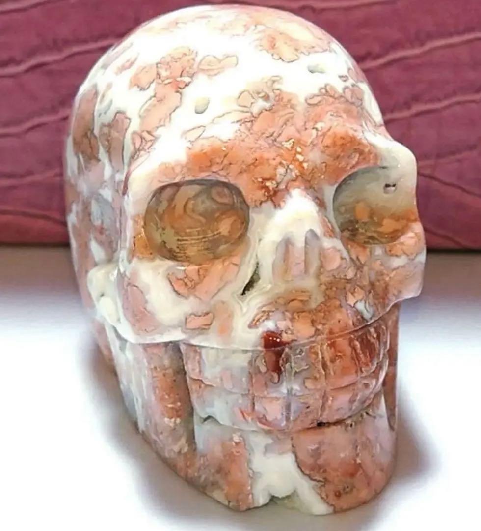 1点もの　天然石　ジオード桜瑪瑙　スカル　置き物　ピンクアゲート