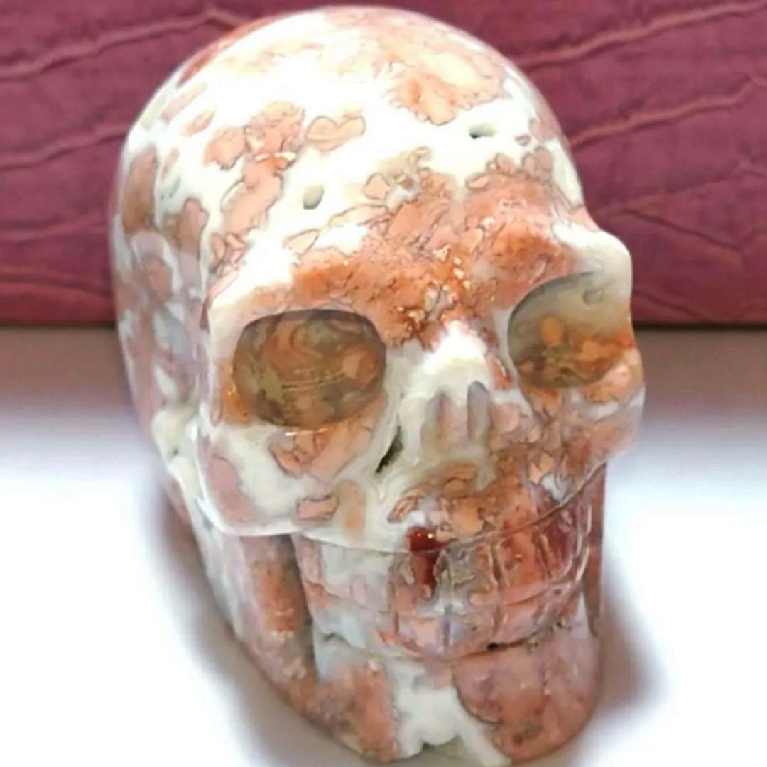 1点もの　天然石　ジオード桜瑪瑙　スカル　置き物　ピンクアゲート