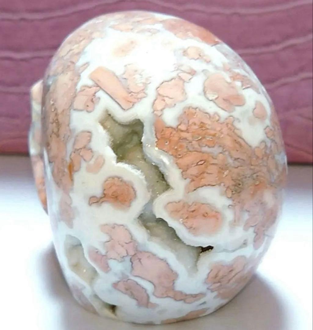 1点もの　天然石　ジオード桜瑪瑙　スカル　置き物　ピンクアゲート