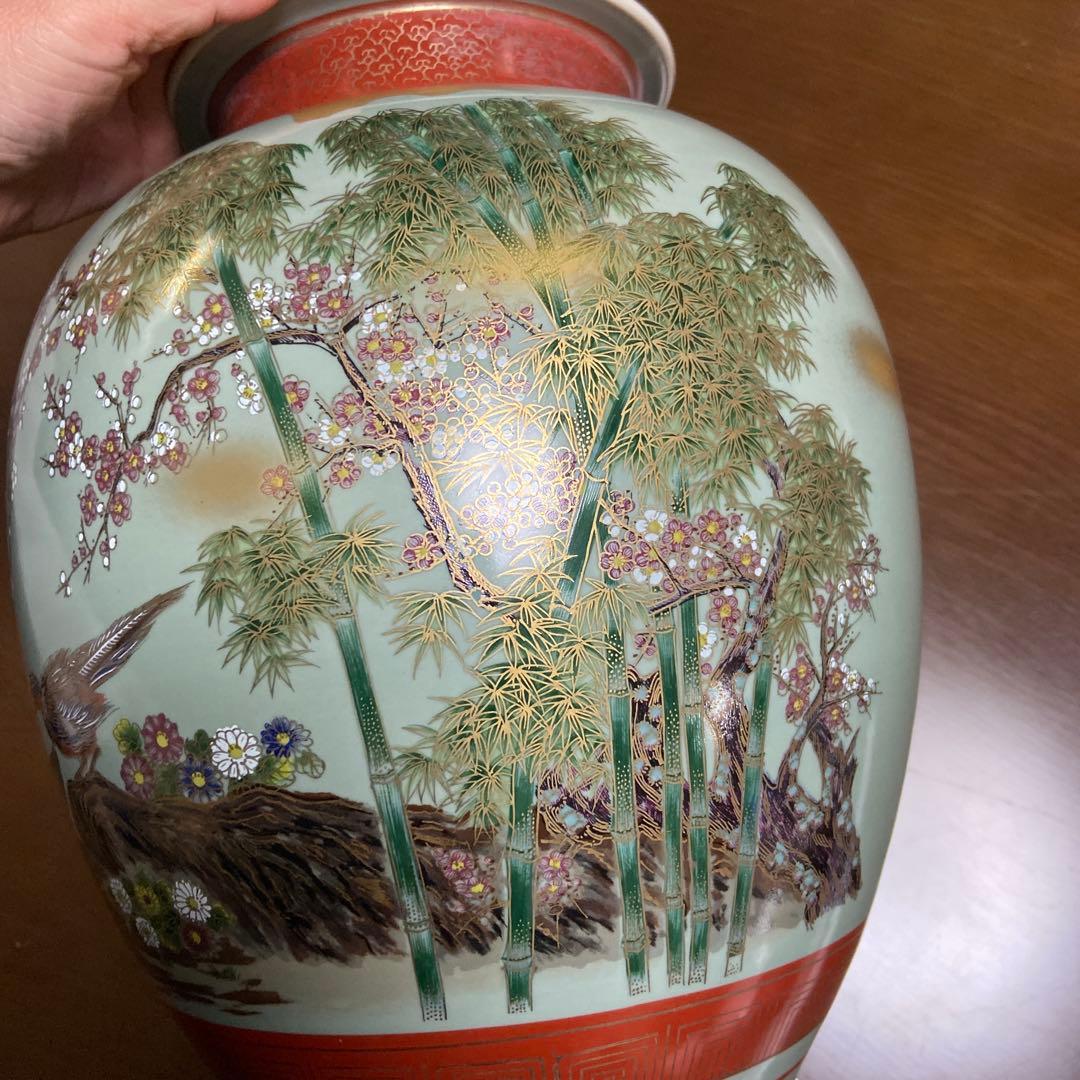 期間限定お値引き‼️九谷焼 栄利作 青緑色 陶器 壺 花と鳥の絵付け