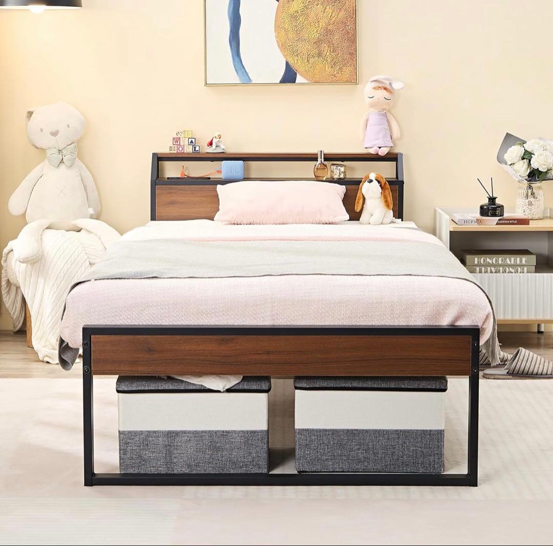 VECELO ベッドフレーム シングル2口コンセント付き スチールベッド