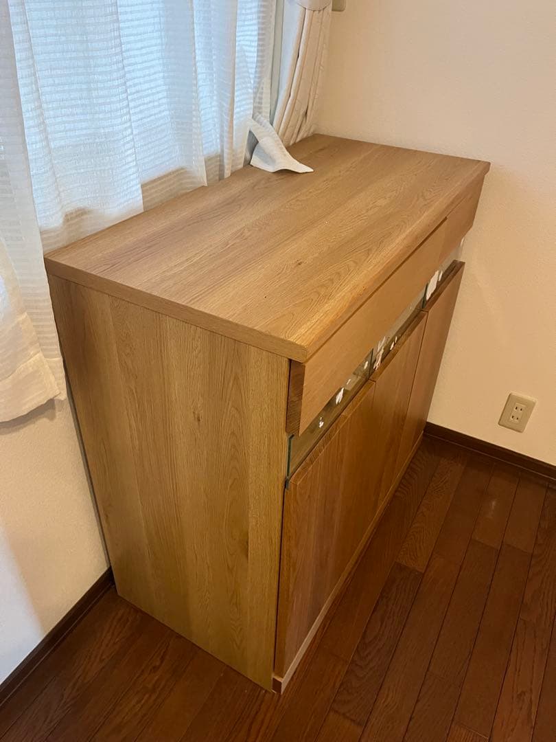 美品ナチュラルウッド パソコンデスク 幅90cm 天板折り畳み収納