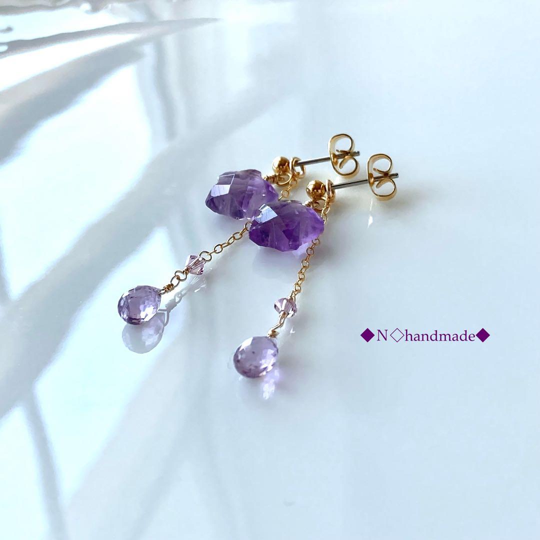 天然石 星型アメジストの2WAYピアス