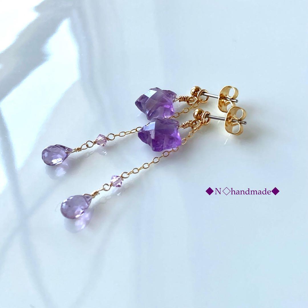 天然石 星型アメジストの2WAYピアス