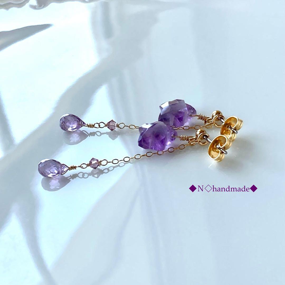 天然石 星型アメジストの2WAYピアス