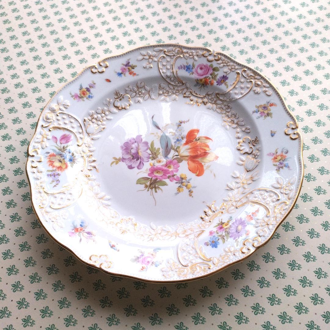 マイセン Meissen 1880-90年 金彩マルセイユ花絵 ディナープレート