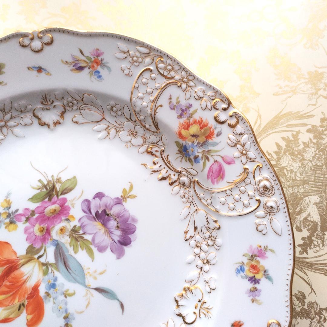 マイセン Meissen 1880-90年 金彩マルセイユ花絵 ディナープレート