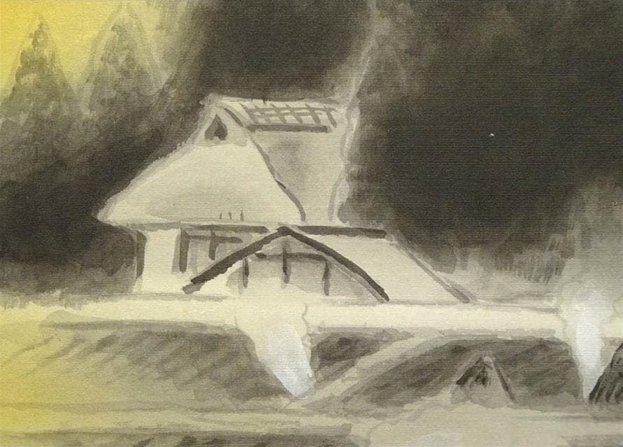 真作】掛軸 岡田典正『洛北の里』絹本 肉筆 共箱付 掛け軸 g041518