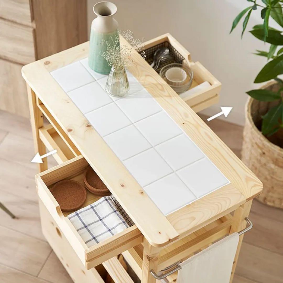 【LOWYA/ロウヤ】キッチンワゴン タオルハンガー付き 天然木使用