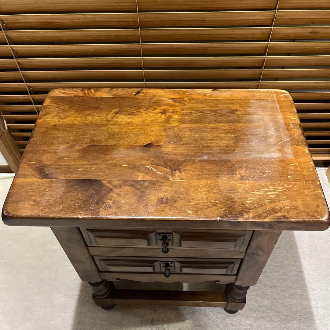 【ビンテージ】ダークブラウン 木製 サイドテーブル 2段 引き出し アイアン