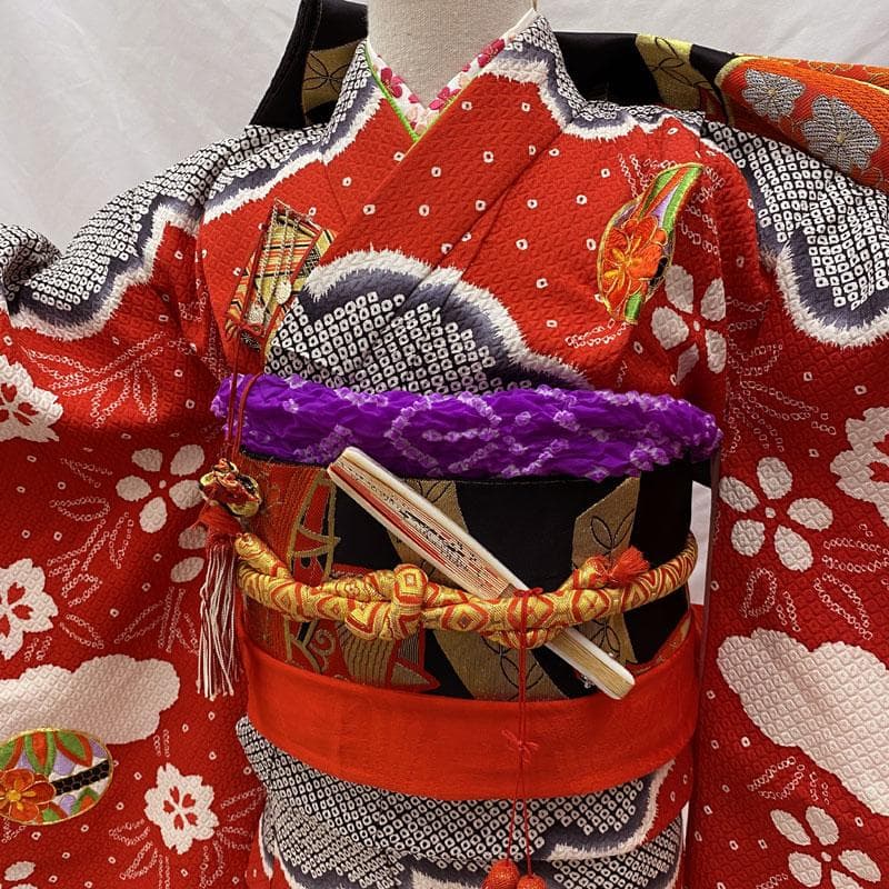 503ag4◎七五三 七歳 女児 総絞り風 銀駒刺繍 着物&袋帯&長襦袢◎