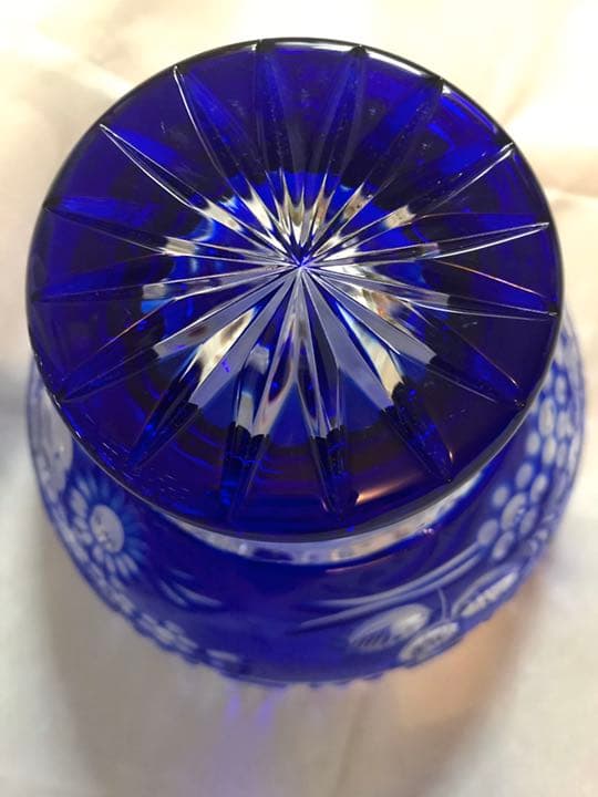 極美品　マイセン本店購入　ギヤマン美品切子クリスタル高台シャーベット皿紺碧色