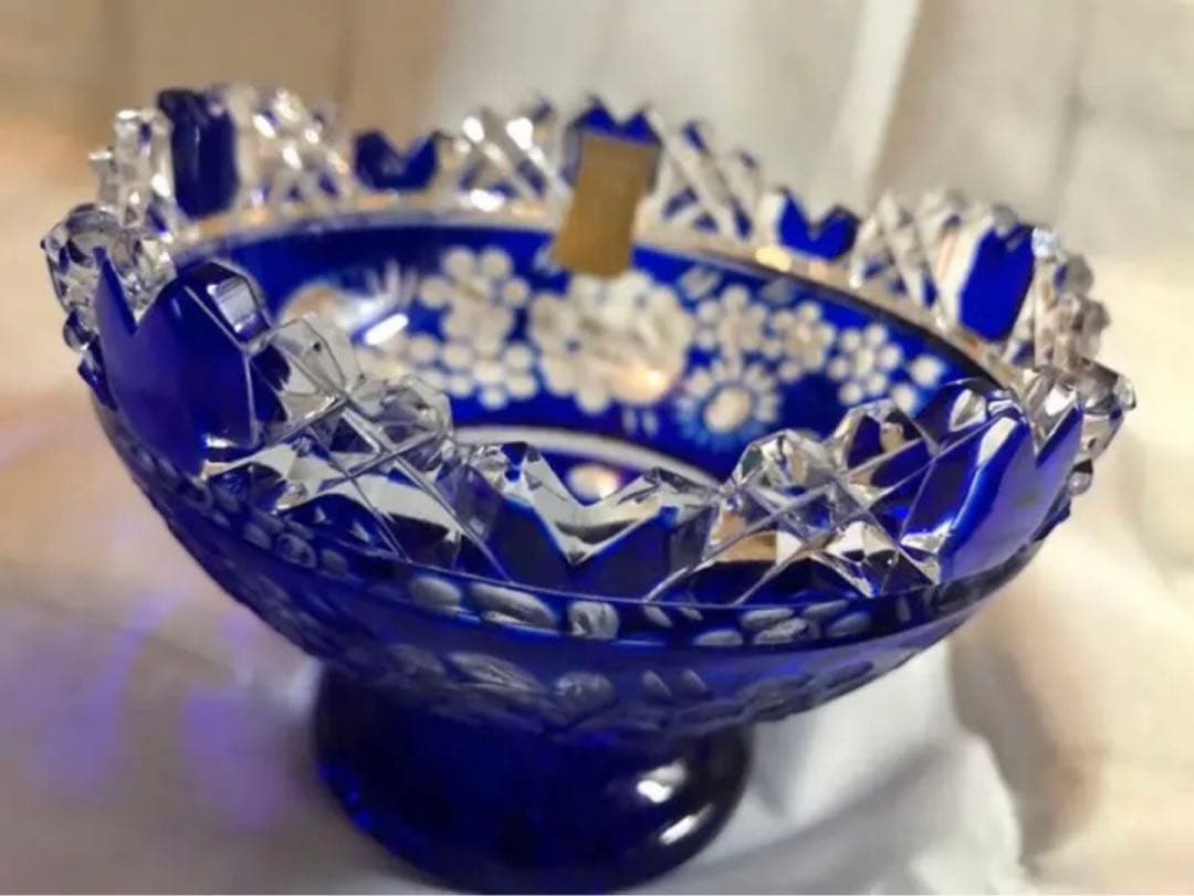 極美品　マイセン本店購入　ギヤマン美品切子クリスタル高台シャーベット皿紺碧色