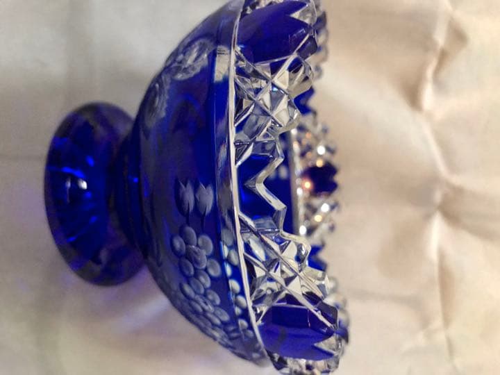 極美品　マイセン本店購入　ギヤマン美品切子クリスタル高台シャーベット皿紺碧色