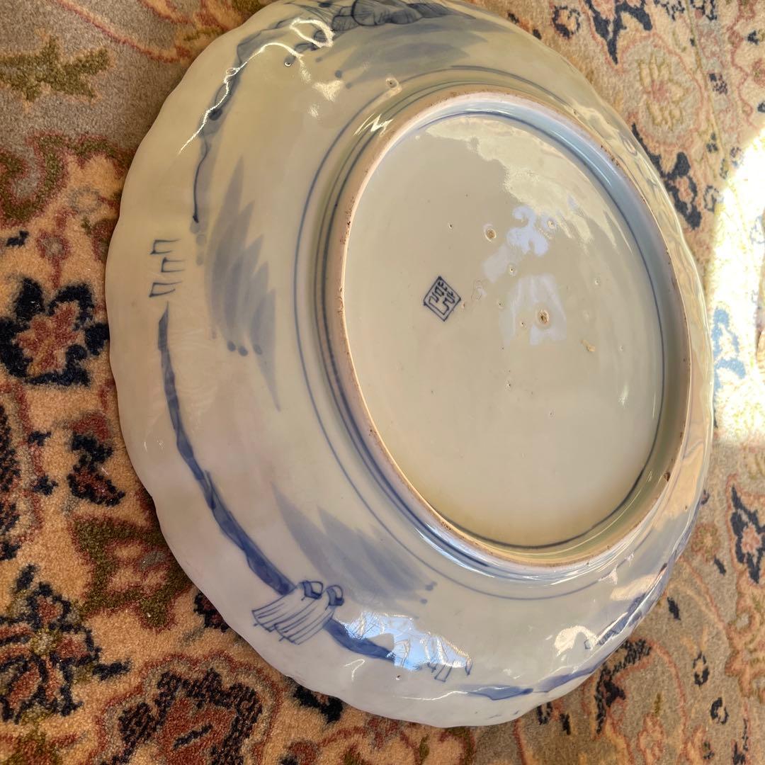 江戸末期　古伊万里 染付 幕末大皿 楼閣山水鳥文