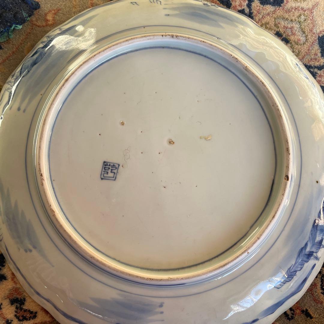 江戸末期　古伊万里 染付 幕末大皿 楼閣山水鳥文