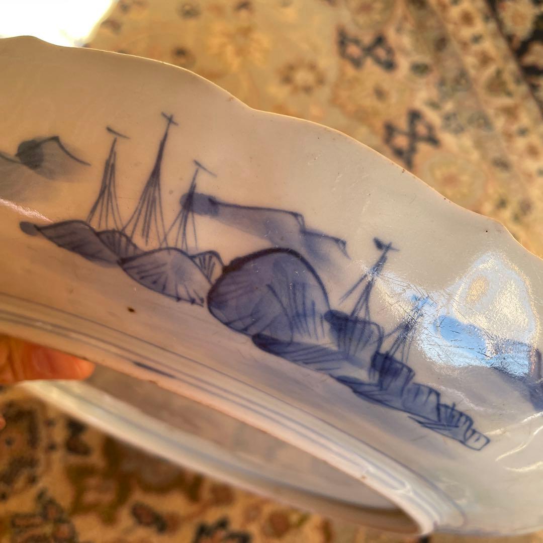 江戸末期　古伊万里 染付 幕末大皿 楼閣山水鳥文