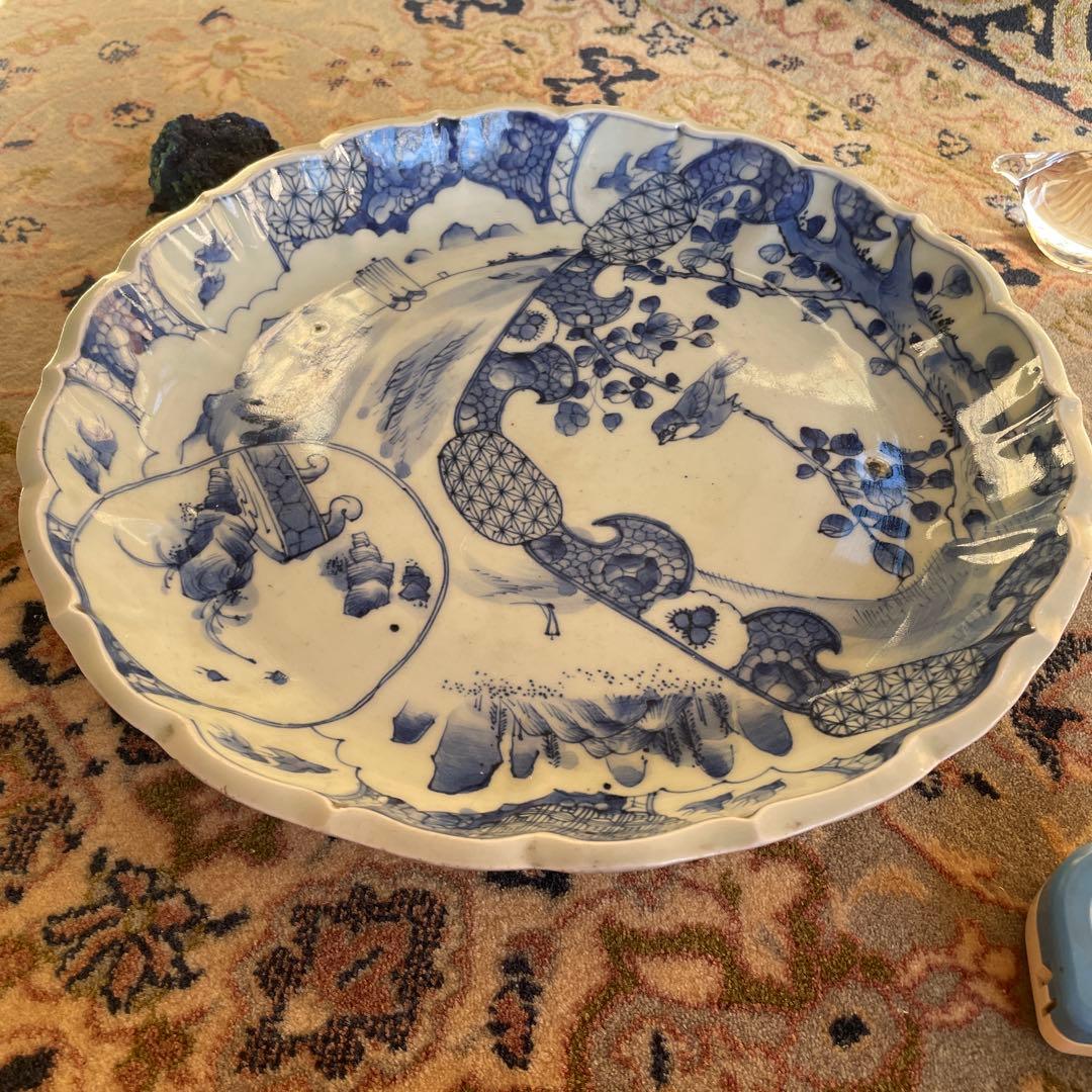 江戸末期　古伊万里 染付 幕末大皿 楼閣山水鳥文