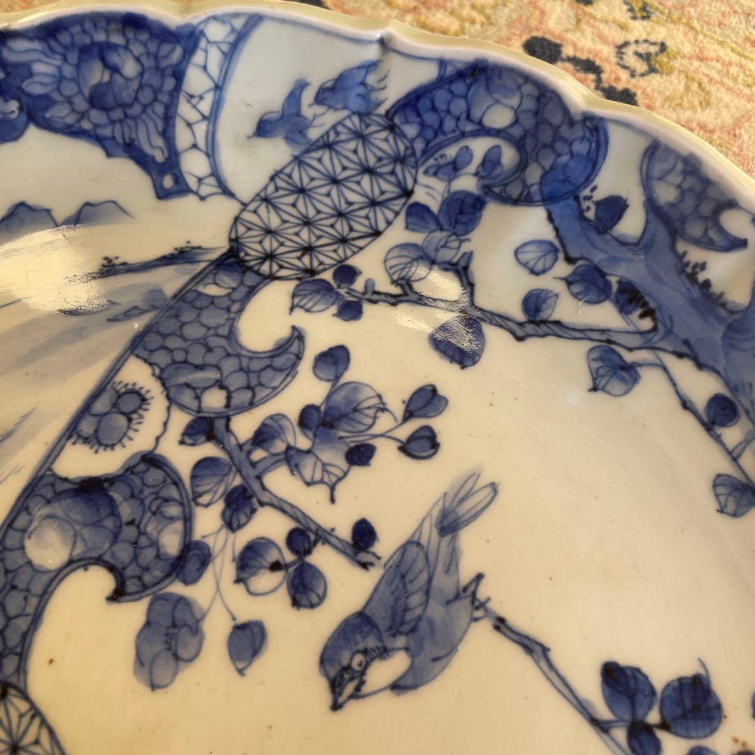 江戸末期　古伊万里 染付 幕末大皿 楼閣山水鳥文