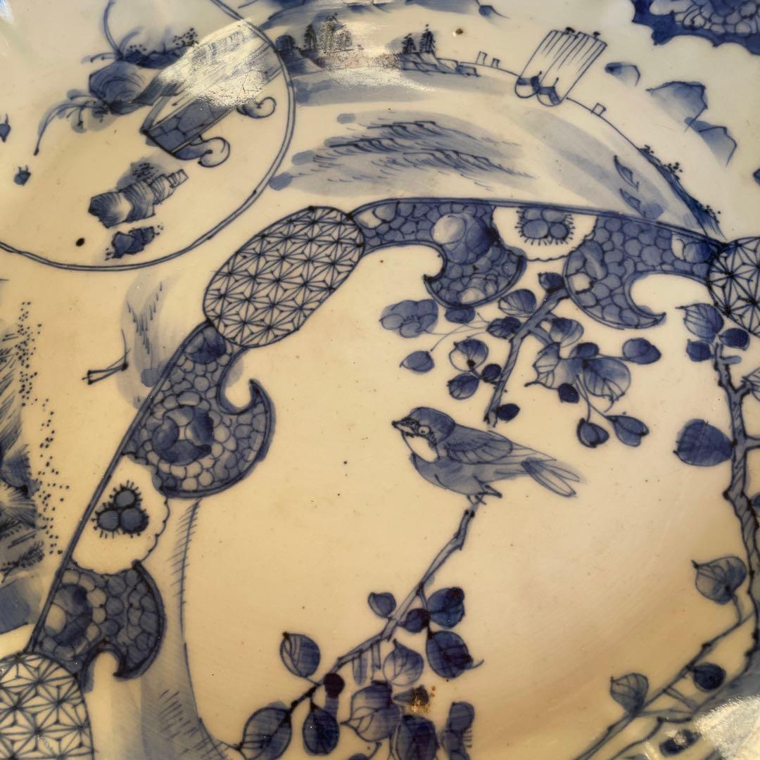 江戸末期　古伊万里 染付 幕末大皿 楼閣山水鳥文