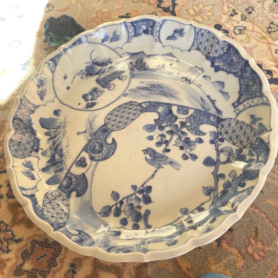 江戸末期　古伊万里 染付 幕末大皿 楼閣山水鳥文