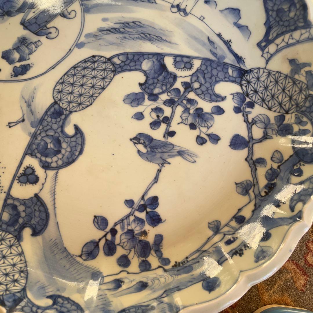 江戸末期　古伊万里 染付 幕末大皿 楼閣山水鳥文