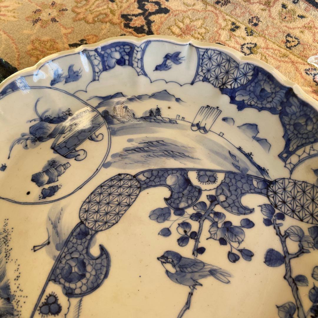 江戸末期　古伊万里 染付 幕末大皿 楼閣山水鳥文