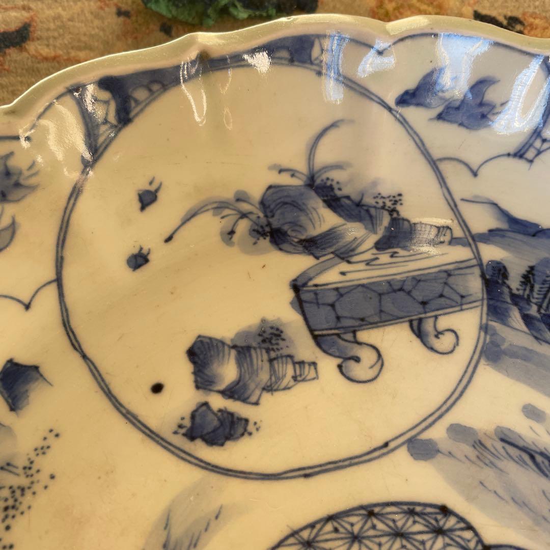 江戸末期　古伊万里 染付 幕末大皿 楼閣山水鳥文