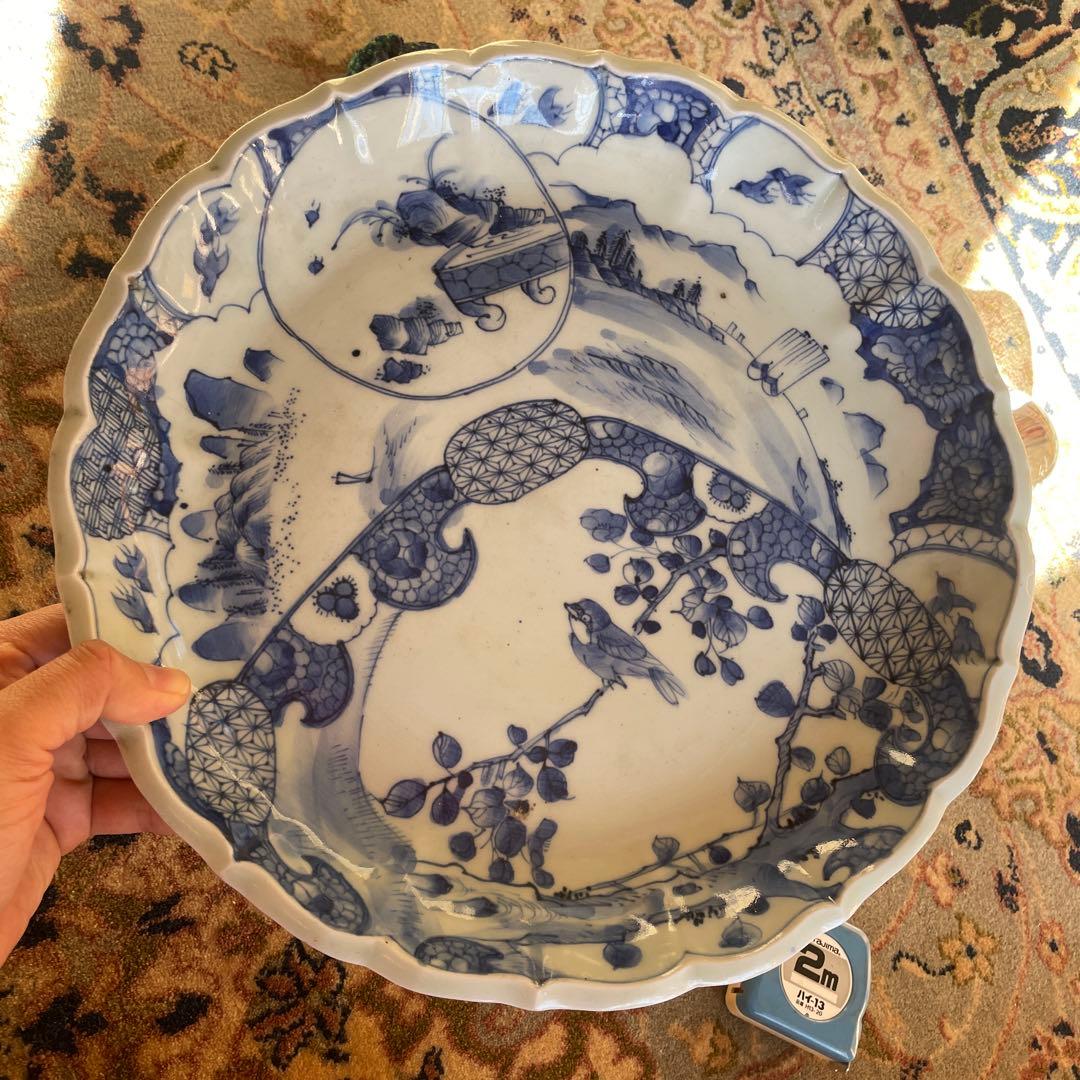 江戸末期　古伊万里 染付 幕末大皿 楼閣山水鳥文