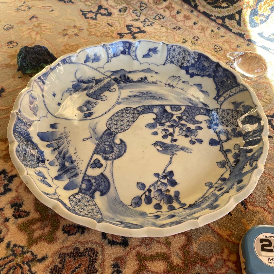 江戸末期　古伊万里 染付 幕末大皿 楼閣山水鳥文