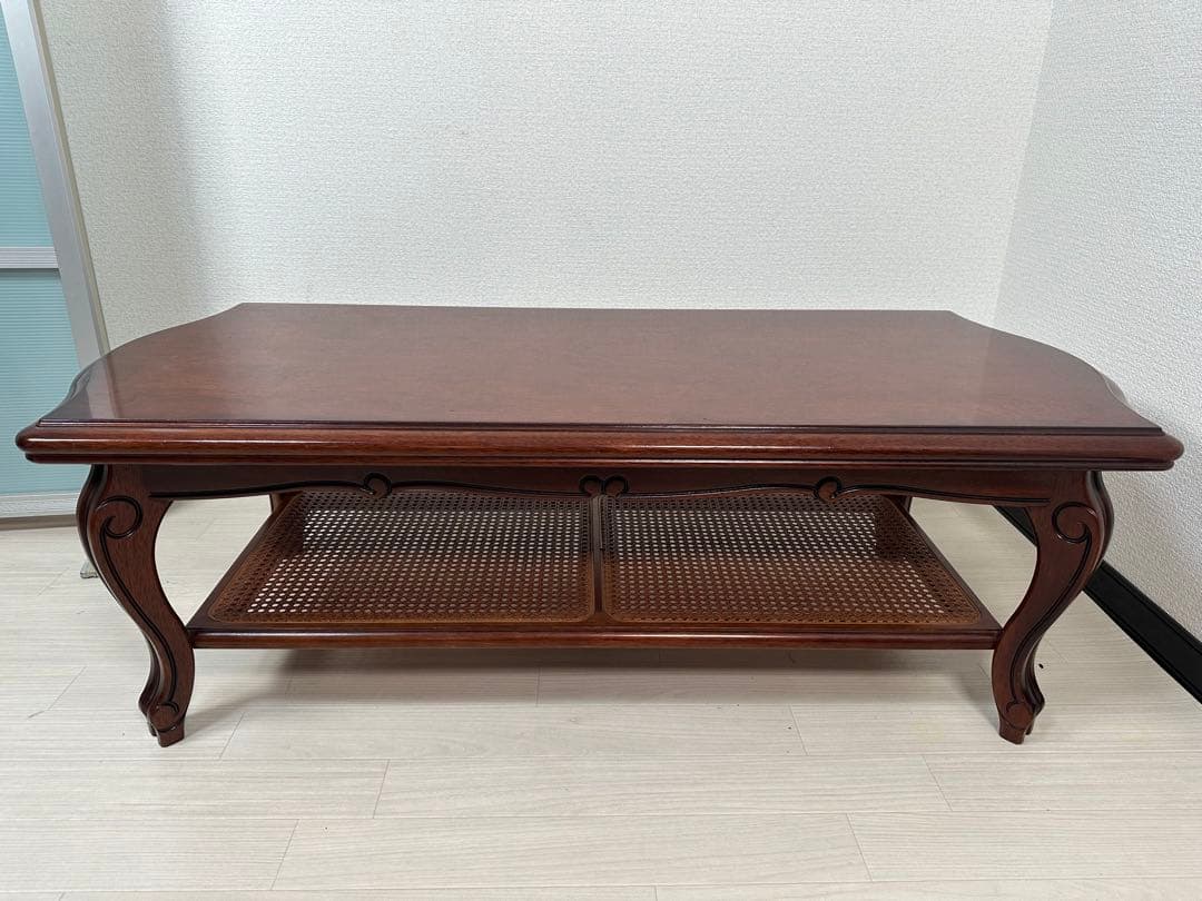 カリモク コロニアル センターテーブル 棚付き ラタン張り ローテーブル※i4※