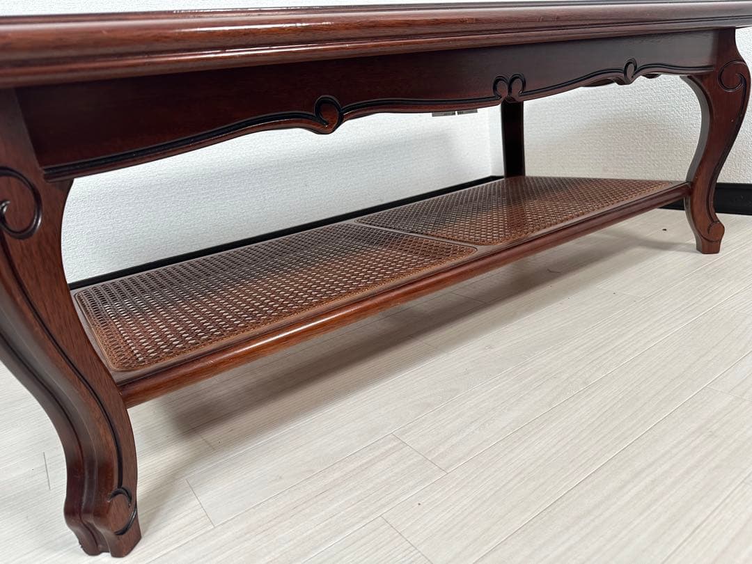 カリモク コロニアル センターテーブル 棚付き ラタン張り ローテーブル※i4※