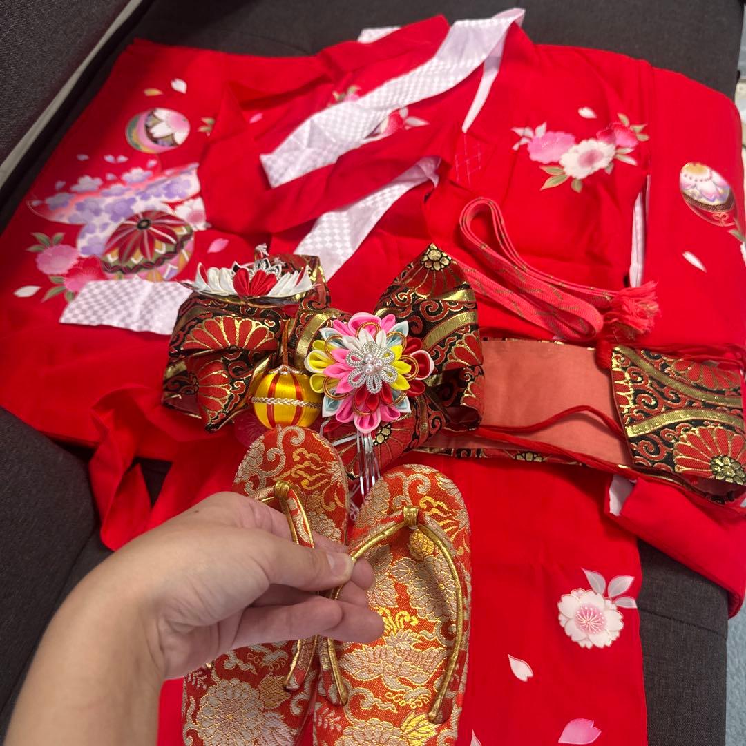 美品七五三着物、作り帯、草履、３歳用